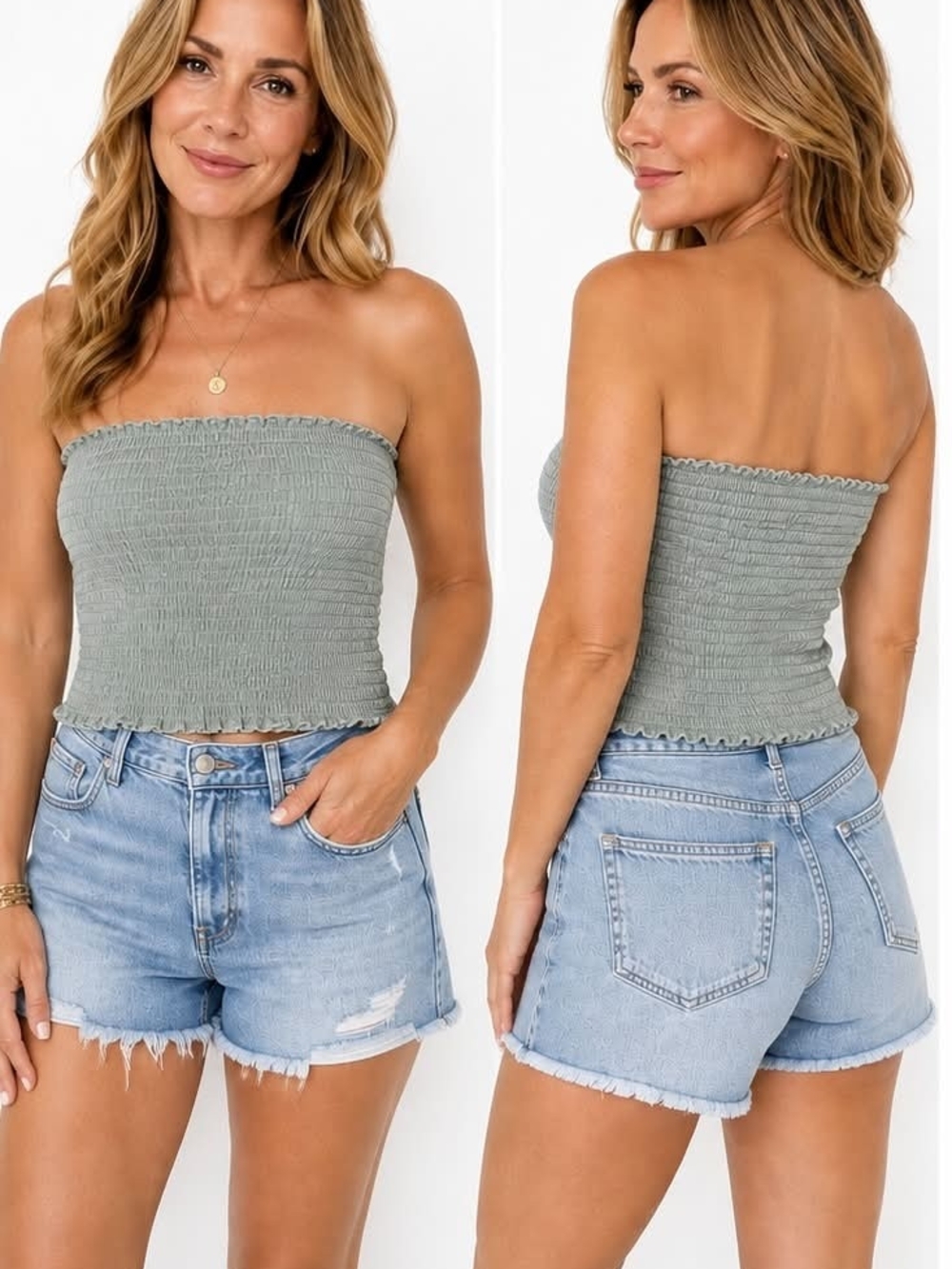ODA Shirred Tube Top Sage Green Linen Cotton | NWT